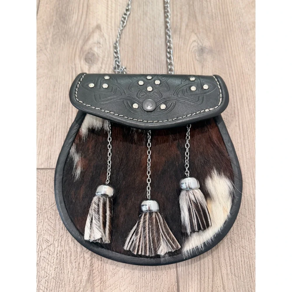 Scottish Kilt Sporran Cowhide Leather Celtic Knot Studded Tassel Chain Bag Black